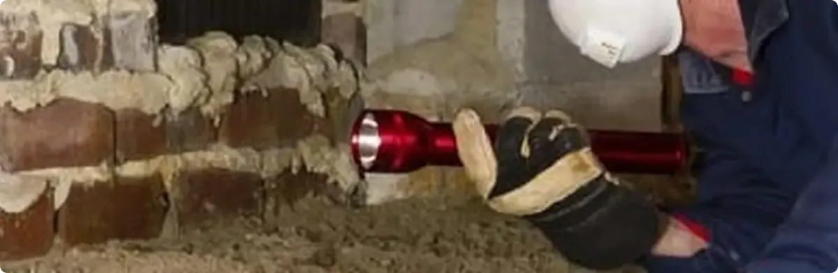 Pest control technician inspecting a crawl space for ant activity in Randolph A F B, TX