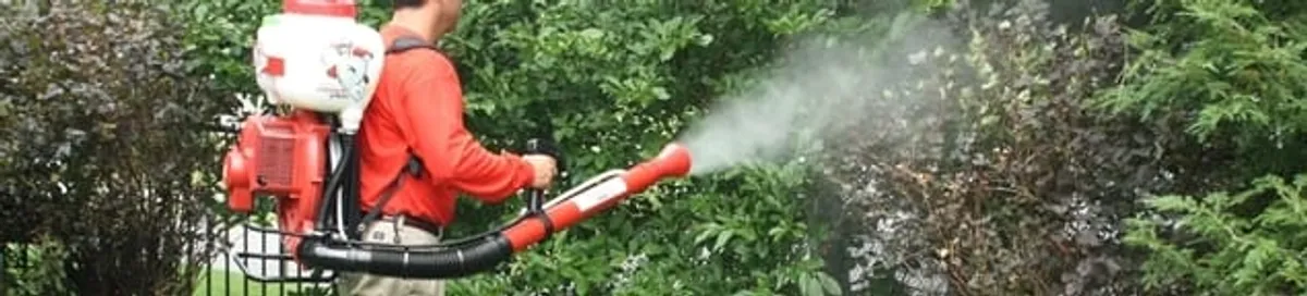 Mosquito control technician fogging shrubs and landscaping for mosquito treatment in San Antonio, TX